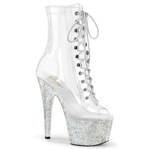 Rhinestone Platform Clear Lace Up High Heel Ankle Boots - Picture 1 of 4